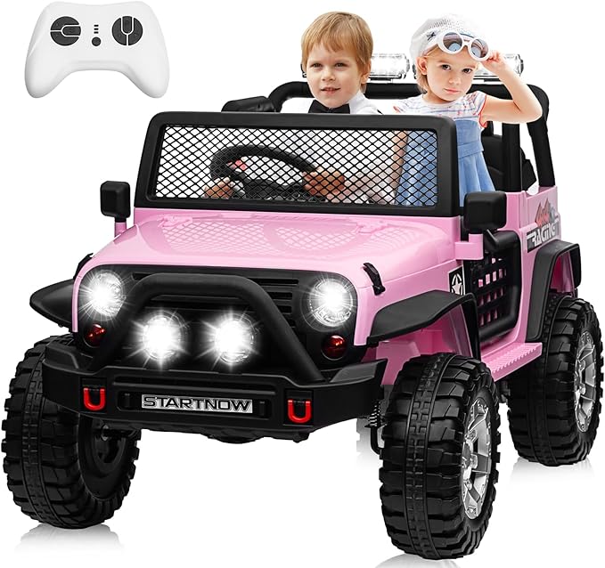 24V 4WD Ride on Truck Car w/800W Motors, Gift Flower, Remote Control, 2 Seaters, Light Bar, 3 Speeds, Pop Music, Power Four Wheels, 25 Volt Ride on Toy Car for Big Kids, Pink