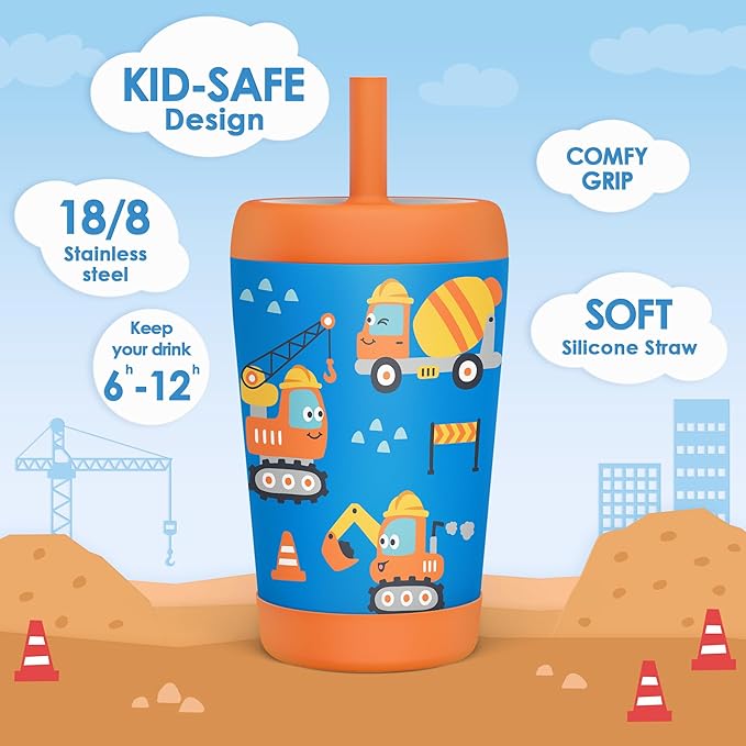 Kid Insulated Stainless Steel Tumbler with Silicone Straw, 12oz Sippy Cup for Kids (Construction Trucks)