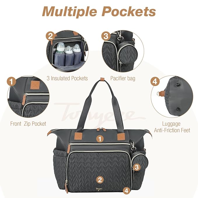 Diaper Bag Tote, Large Baby Diaper Bags Waterproof, Hospital Bag for Labor Delivery with Pacifier Case, Changing Pad, Shoulder Strap, Dark Gray