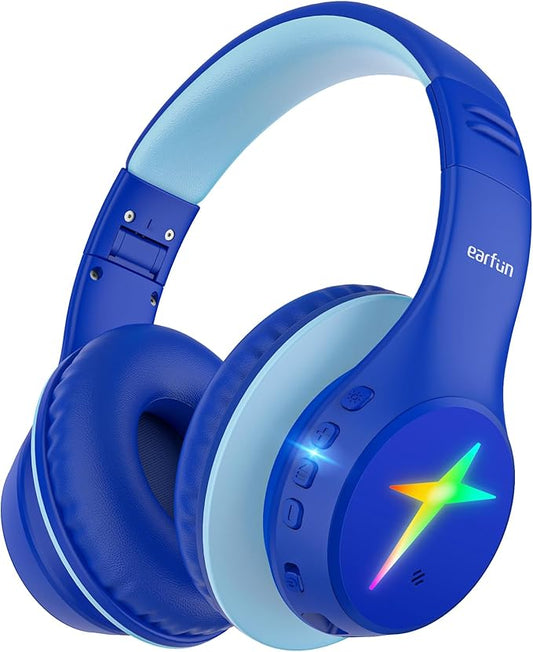 EarFun K4 Kids Bluetooth Headphones, Wireless Headphones with LED Lights, 74/85/94dBA Volume Limited, Built-in Mic, 90H Playtime, Bluetooth 5.4 Over Ear Headphone for iPad/Tablet/PC/School