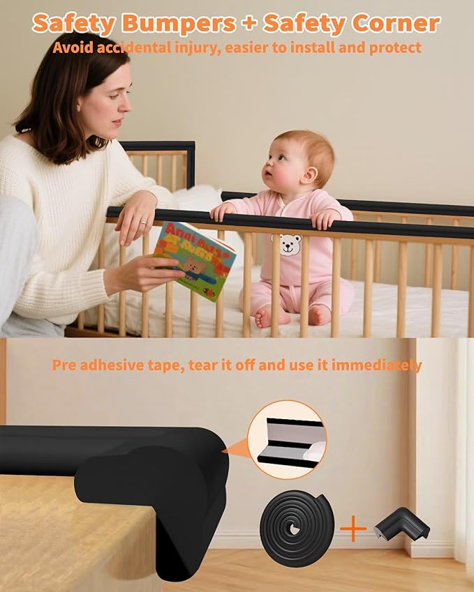 Edge Corner Protector Baby Proofing, 6.56FT 0.6'' Thicken L-Shape Furniture Fireplace Safety Bumper Guard with 6 Corners, Pre-Taped, Soft NBR Rubber Foam, Table Edge Protector for Baby (Black)