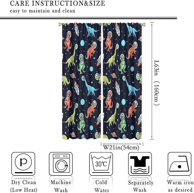 Cartoon Dinosaur Curtains for Kids Boys Girls Home Decor, Astronaut Rocket Funny Outer Space Blackout Rod Pocket Window Drapes for Bedroom Living Room W21xL63in 2 Panels