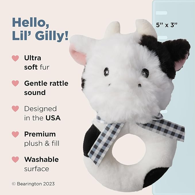 Bearington Collection Lil' Gilly 5.5 in Cow Baby Rattle - Baby - Plush Rattles Gift for Newborn