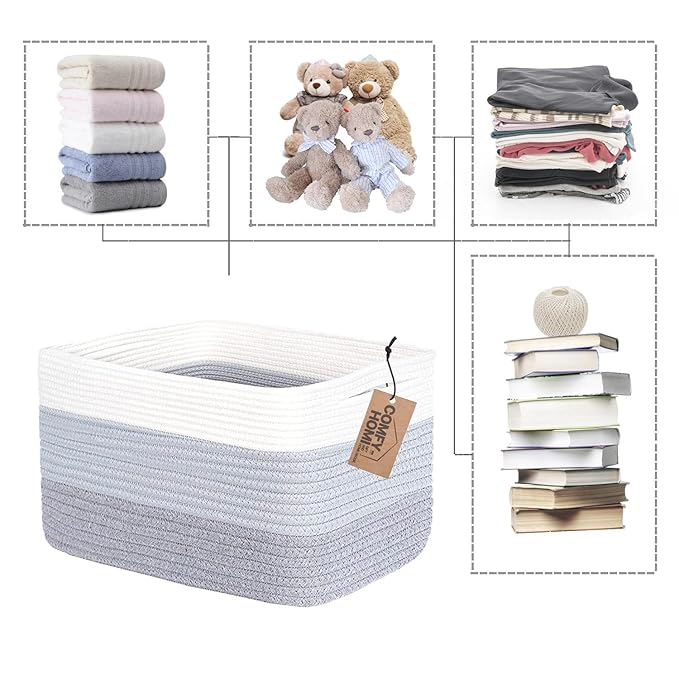 COMFY-HOMI Cotton Rope Woven Basket with Handles for Shelves,Toys,Book, Cloth Storage Baskets Bin for Organizing-13.5"x11"x9.5" Toy Decorative Organizer for Living Room, Bathroom-White/3Tone Grey