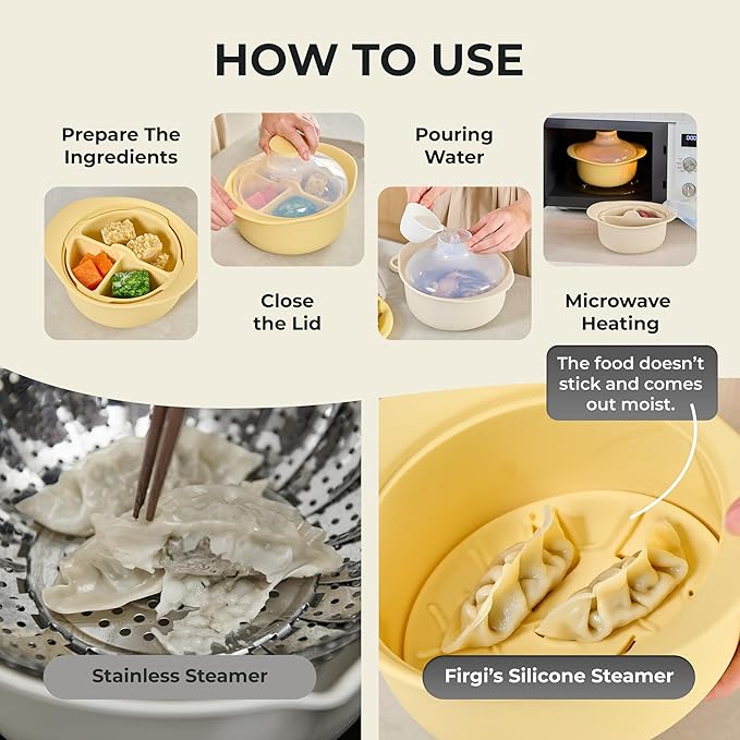 48oz Platinum Silicone 3 Compartmented Microwave Steamer Pot with Handle & Lid - Korean 100% Food-Grade Steamer Bowl, Heat-Resistant Cooker with Steam Holes, Easy Clean, Dishwasher Safe, Yellow