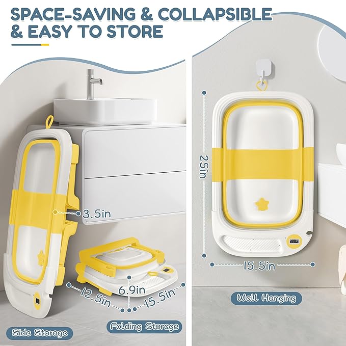 Collapsible Baby Bathtub,Baby Bath Tub with Thermometer & Soft Cushion,Baby Bathtub for Newborn to Toddler 0-36 Months,Portable Travel Baby Tub with No-Slip Feet,Baby Shower Gifts,Yellow