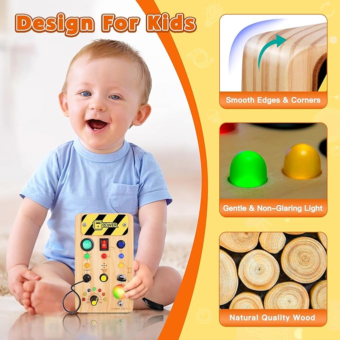 Busy Board Montessori Toys for Toddler, Wooden Sensory Board Switch Toy with Color-Changing LED Light Up Travel Toys Educational Plane Travel Activity for 1-6 Year Old Girls & Boys Gifts