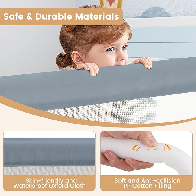 HONEY JOY Bed Rail for Toddlers, Extra Long, Foldable Portable Swing Down Safety Bed Guard Rail, Toddler Bed Rails for Crib, King Queen Full Twin Size Bed Mattress (Light Gray, 1 Pack, 71 Inch)
