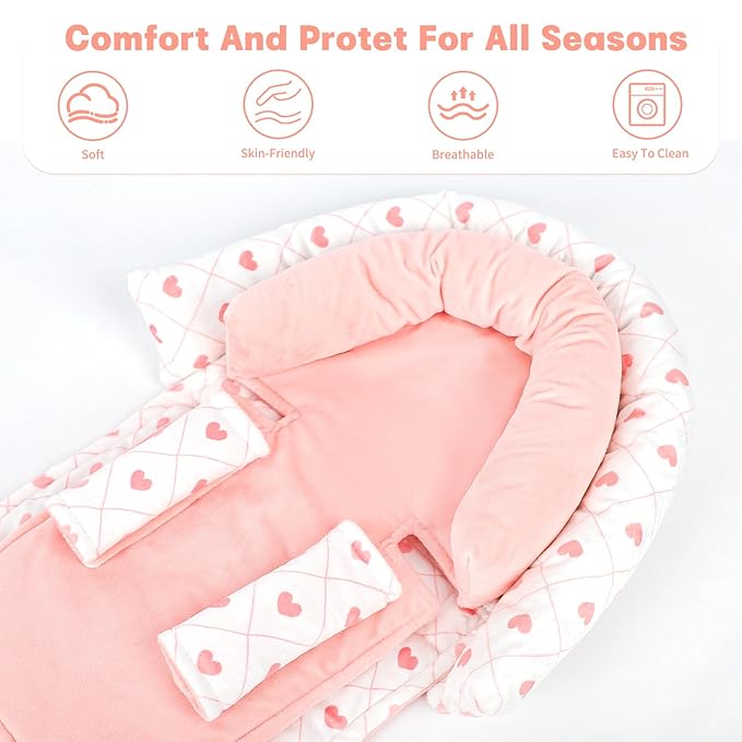 Infant Car Seat Insert, HNHUAMING Baby Car Seat Head & Body Support with 2 Strap Pads, Ultra Soft Newborn Preemie Carseat Insert Cushion for Girls Boys, Fits Car Seat, Stroller, Swing, Bouncer, Pink