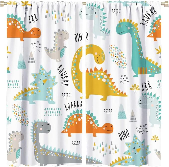 Dinosaur Curtains for Kids Boys Girls Home Decor Childish Cute Dino Animals Print Pattern Rod Pocket Blackout Window Drapes for Nursery Baby Bedroom Playroom W42xL84in 2 Panels