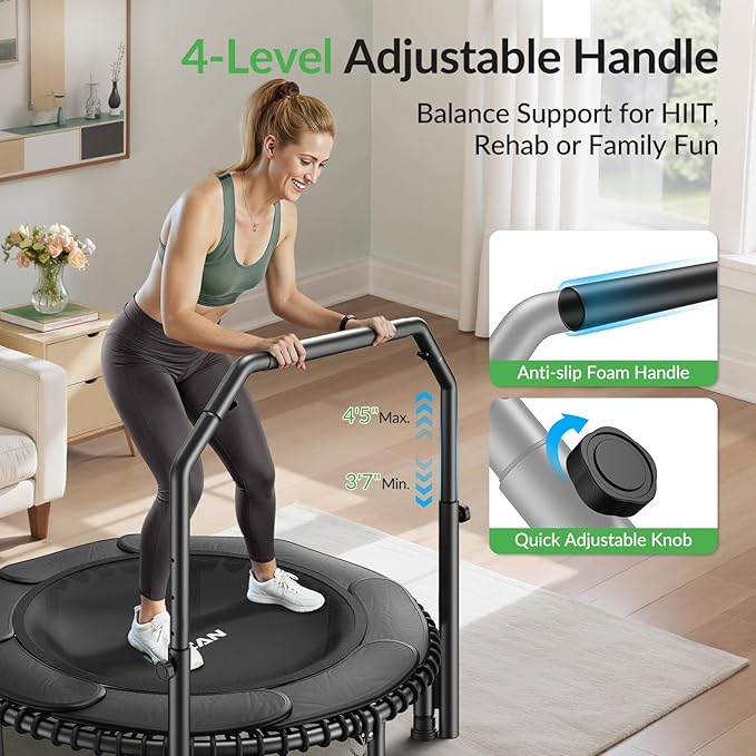 BCAN 40"/48" Mini Rebounder Trampoline for Adults with Bar, 450/550LBS Fitness Trampoline with Bungees, Adjustable Handle, Stable & Quiet, Indoor Outdoor, Whole-Body Workout & Relaxation at Home