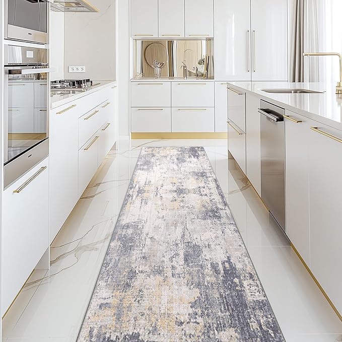 Washable Area Rugs 2'x10' Non-Slip Modern Abstract Soft for Living Room Entryway Bedroom Nursery, Print Pattern, Purple Grey Cream Yellow