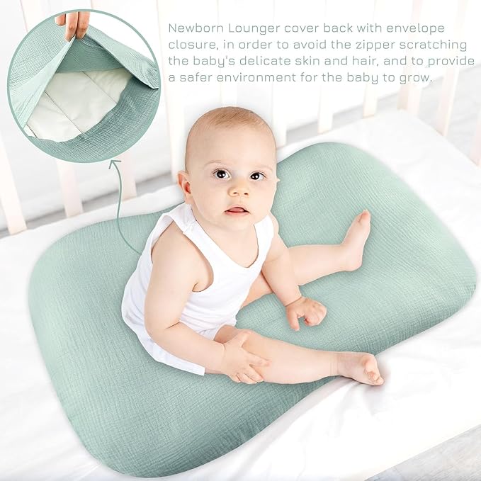 Hooyax Muslin Baby Lounger Cover, 100% Cotton Durable Newborn Lounger Cover, Soft and Breathable Infant Lounger Cover for Boys Girls, Covers Only (Blue-Green)