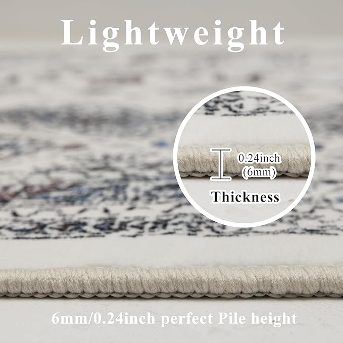 Washable Area Rugs 8x10, Large Rugs for Living Room, Carpet for Bedroom, Soft Faux Wool Retro Dining Room Rug, Non-Slip Backing Resistant Low Pile Vintage Print Rug for Home Office (White Cream/Gray)