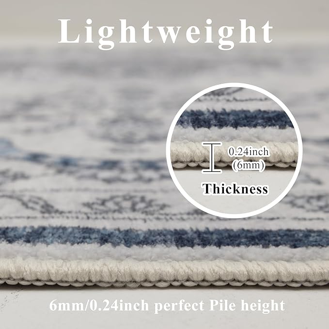 Washable Area Rugs 8x10, Large Rugs for Living Room, Carpet for Bedroom, Soft Faux Wool Retro Dining Room Rug, Non-Slip Backing Resistant Low Pile Vintage Print Rug for Home Office (Grey/Blue)