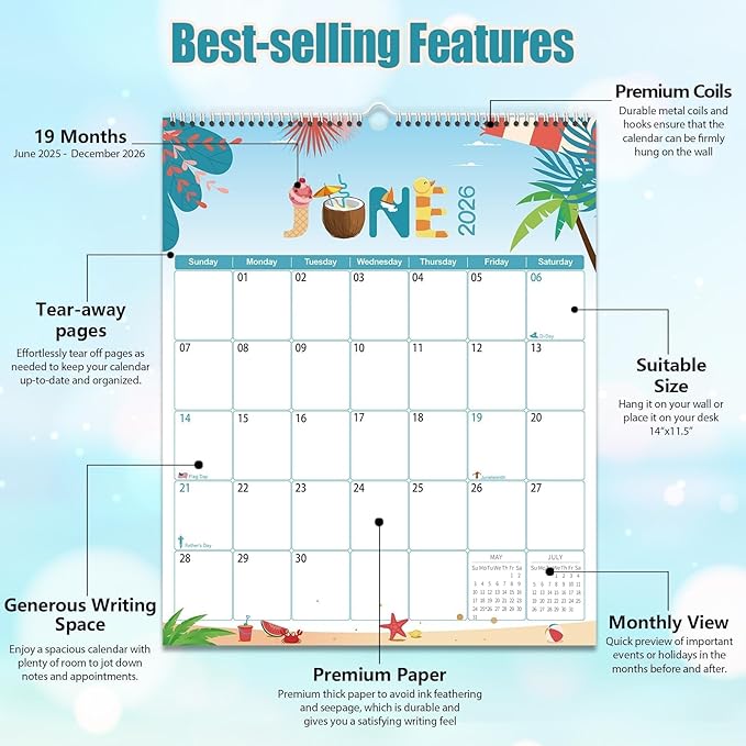 GuassLee Wall Calendar 2025-2026, Vertical Wall Calendar 2025, Jun. 2025 to Dec. 2026, 14" X 11" 19-Month Paper Hanging Planner Wall with Thick Paper for Office Home Planning & Organizing