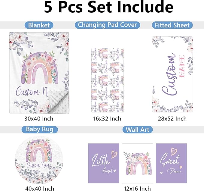 Personalized Baby Bedding Set, 5 Pcs Custom Baby Crib Set with Name, Soft Flannel Rainbow Crib Bedding Set for Girls, Double Layer Nursery Bedding Set, Infant Toddler Bedding Set Parents Gift