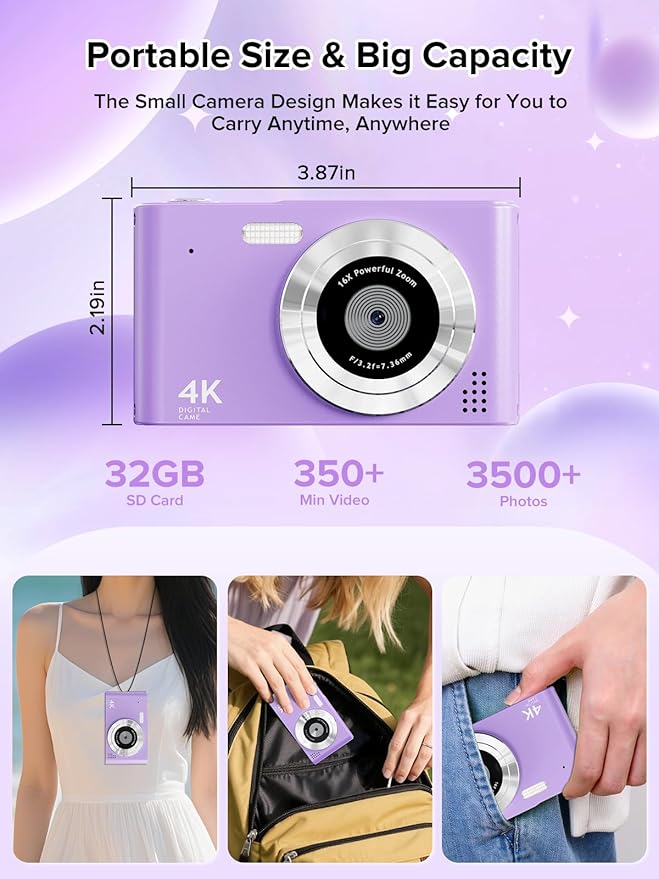 Digital Camera, 44MP Full HD 1080P Point and Shoot Camera with 64GB Card, Anti Shake 16X Zoom Compact Volg Cameras, Portable Small Digicam Gift for Kids, Ages Teen Girl Boy - Purple