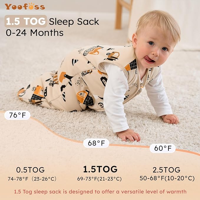 Yoofoss Baby Sleep Sack 6-12 Months, 1.5 Tog Baby Wearable Blanket with 2-Way Zipper, 100% Cotton Organic Fabric Winter Infant Sleeping Sack, Warm Soft Comfy
