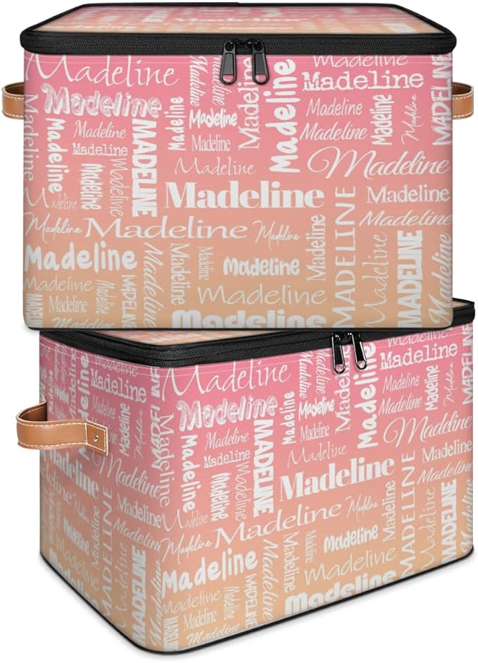 Custom Storage Basket with Name, Personalized Storage Bins with Zipper Lid, Foldable Fabric Storage Box Large capacity with Handle Pink Apricot