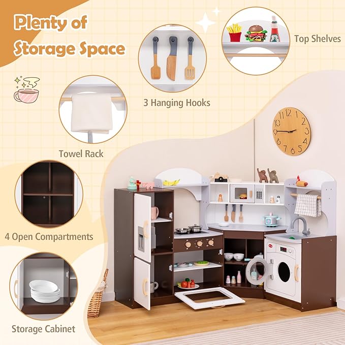 Costzon Corner Kids Kitchen Playset, Wooden Play Kitchen with Sounds & Lights, Washing Machine, Ice Maker, Microwave, Oven, Sink & Faucet, Pretend Toy Kitchen Set for Toddler, Gift for Boys Girls