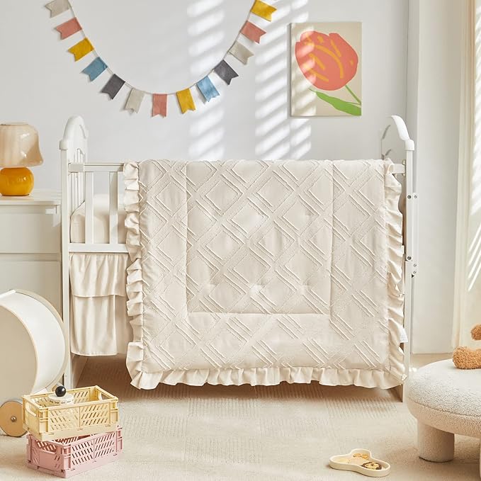 Tufted Ruffle Crib Bedding Set 3 Pieces Baby Boho Quilted Comforter with Fitted Sheet and Bed Skirt - Cute Ruffled Shabby Chic Baby Bedding Soft Blanket Design Cream White