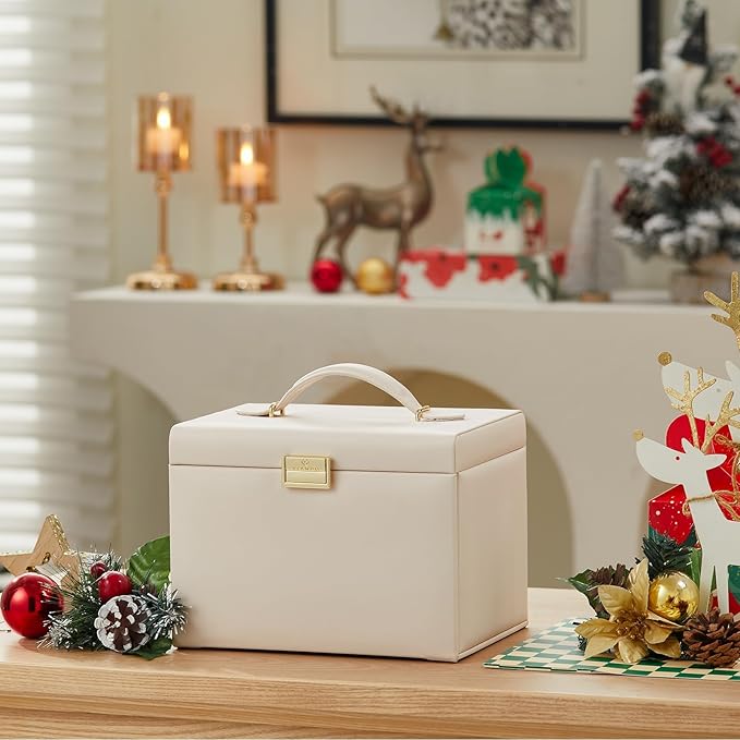 Vlando Jewelry Box Organizer for Girls Women, Large Jewelry Holder Organizer with Mirror, 3 Drawers for Bracelets, Earrings, Rings, Necklaces, Mothers Day Gifts for Loved One, Apricot White