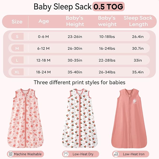 Baby Sleep Sack 12-18 Months 0.5 Tog Wearable Blanket Baby, 3 Pack 100% Cotton Lightweight Sleeping Sack with 2-Way Zipper for Infant Toddler Strawberry