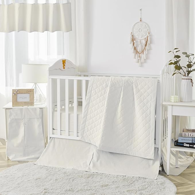 Brandream White Crib Bedding Set 3 Pieces Baby Nursery Collection - Quilt,Crib Sheet,Dust Ruffle-100% Washed Cotton Like Linen Supersoft Classic Quilted Plaid Off White Cream