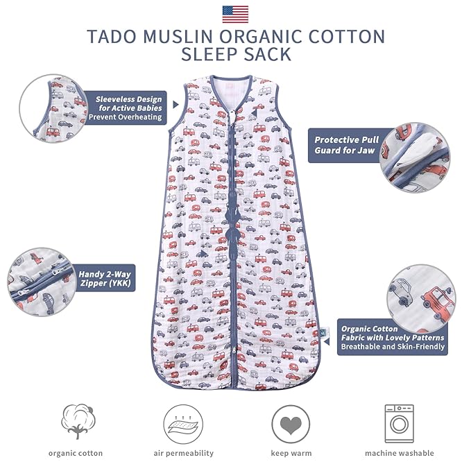 Baby Sleep Sack 2-4 T Baby Wearable Blanket 100% Organic Cotton 0.5 TOG Toddler Sleep Sacks 2- Way Zipper Soft Car 4 Layers 2T 3T 4T