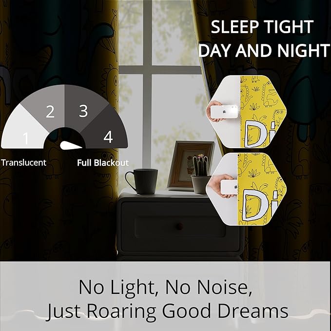 Dinosaur Blackout Curtains for Kids Room - 2 Panels, Each W52×L84, 100% Blackout, Thermal Insulated, Noise Reducing, Perfect for Kids Room and Nersury