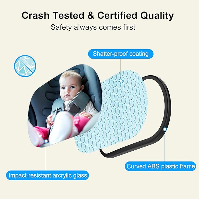 Baby Car Mirror, Safety Car Seat Mirror for Rear Facing Infant, Clear Wide View, 360°Rotation, Easily Observe the Baby Move, Secure, Shatterproof, Crash Tested and Certified (Black)