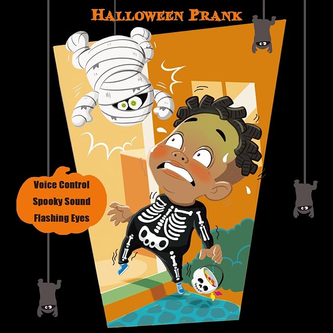 SUNLIN Interactive Halloween Mummy Cute Soft Plush Toy Gift for Adults & Kids 3+, Touch & Sound Activated Prank with Sound & Glowing Eyes, Scary Party Supplies Home Decor