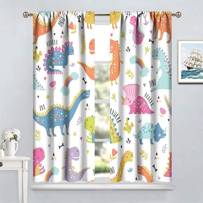 Cartoon Dinosaur Curtains for Kids Boys Girls Home Decor Childish Cute Dino Animals Print Pattern Rod Pocket Blackout Window Drapes for Nursery Baby Bedroom Playroom W21xL54in 2 Panels
