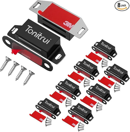 Cabinet Door Magnet, Flat Bottom Cabinet Magnetic Catch with Adhesive, Easy to Install,Only Takes 1 Minute,35lb Magnetic Cabinet Door Drawer Latch(Black, 8Pack)