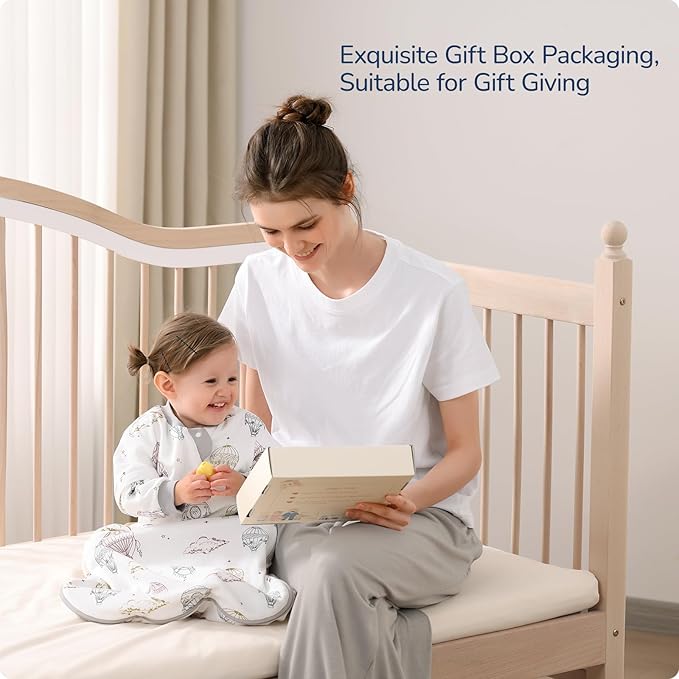 Baby Sleep Sack 12-18 Months, Cotton Detachable Long Sleeve Sleep Sack, 1.0 Tog Toddler Sleeping Sack with Temperature Strips, 2-Way Zipper Wearable Blankets for Newborns, Hot Air Balloon