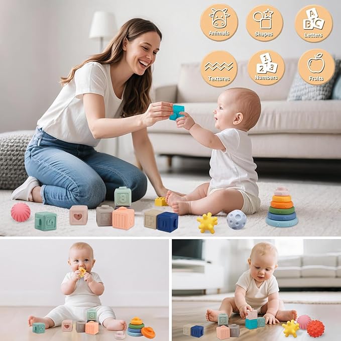 Montessori Toys Soft Stacking Building Blocks Rings Balls Sets 3 in 1 Baby Toys Bundle for Babies 6-12 Months Sensory for Toddlers 1-3 Teething Bath for Infants Learning Toy