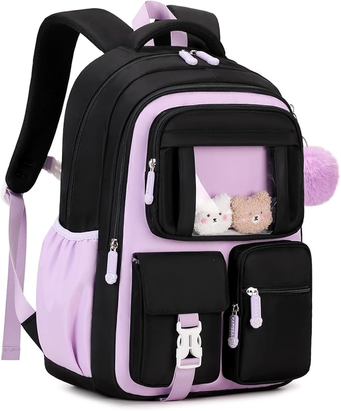 Kids Backpack for Girls School Bags for Middle School Students Book Bag for Elementary Primary Kawaii Ita Backpack, Black and Purple