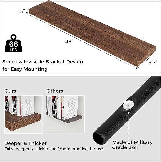 Floating Shelves - 2 Large Wall Mounted Shelves with Invisible Brackets, Long Walnut Wood Floating Wall Shelf for Living Room, Bedroom, Kitchen (48" W x 9" D x 1.5" H)