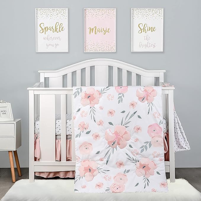 PINNKKU 4-Piece Crib Bedding Set for Boy & Girl, Includes Skirt, Blanket, Sheet & Diaper Bag, Floral, Standard Size
