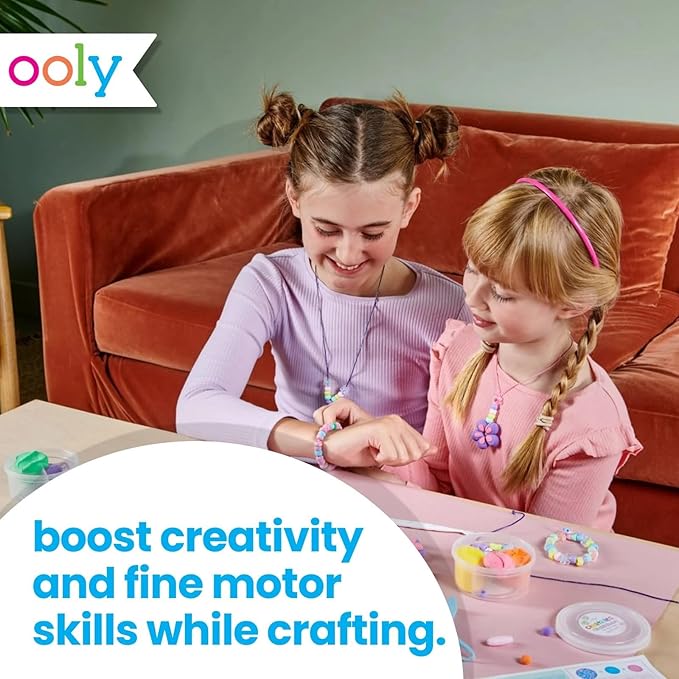 Ooly Creatibles Air Dry Clay Jewelry Kit for Kids, DIY Art Jewelry Making Kit with 6 Clay Colors, Beads, Shaping Tool, and Elastic Yarn, Non-Toxic Summer Crafts for Kids Ages 6 and Up