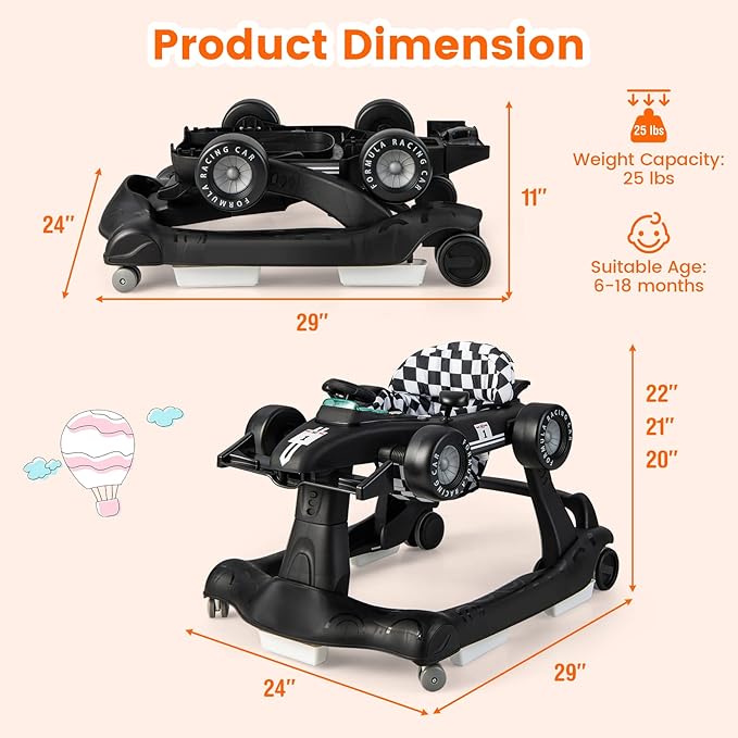 HONEY JOY 4-in-1 Baby Walker, Activity Push Walker w/3 Adjustable Heights, Smooth Wheels w/Adjustable Speed, Padded Seat, Music & Light, Foldable Car Walker for Baby Boys Girls Age 6 Months+ (Black)