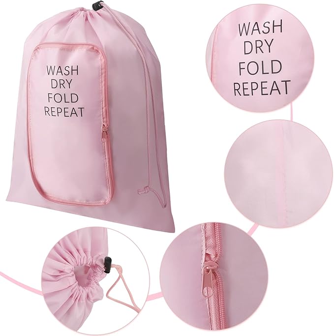 2 Pcs Travel Laundry Bag Washable Dirty Clothes Bag with Drawstring and Zipper for Suitcase, 22 x 18 Inch (Pink, Blue,Classic)