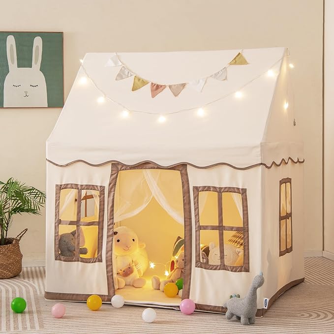 INFANS Kids Play Tent with Washable Mat Star Light Windows, Anti-Trip Large Playhouse Toys for Children Boys Girls, Indoor Outdoor Princess Tents Castle for Toddlers (Beige)