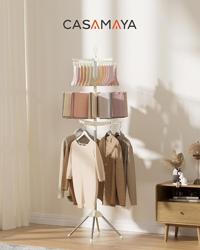 Clothes Drying Rack Foldable, 79.5 inch 3 Tier Laundry Drying Rack with Rotating Clothes Rail for 27 Pieces of Clothes and 24 Clips for Hanging Socks,Space Saving, White and Silver CDR003W01