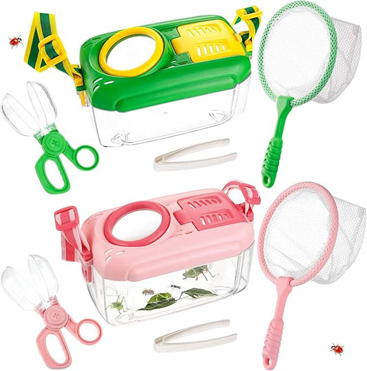 2 Set Bug Catcher for Kids- Educational Bug Catching Kit Including Butterfly Net, Insect Clip, Tweezer, Outdoor Toys for Kids Ages 3-10 (Pink & Green)