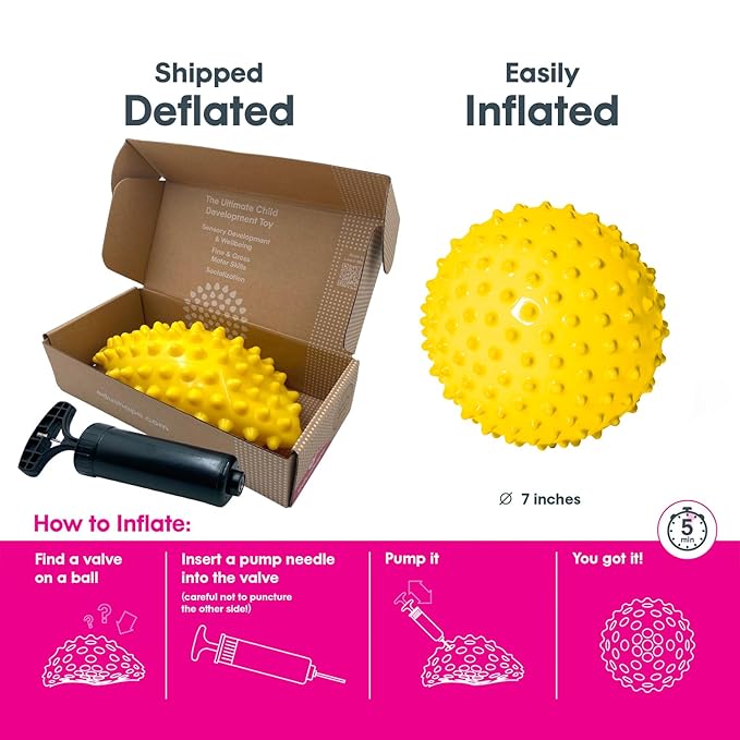 Edushape Original Sensory Ball for Baby - 7" Deflated with Pump, Yellow, Enhances Gross Motor Skills for Kids 6 Months & Up