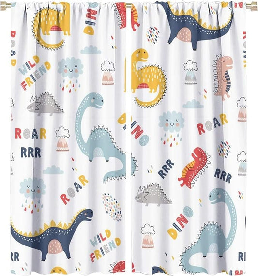 Cartoon Dinosaur Curtains for Kids Boys Girls Home Decor Colorful Cute Dino Animals Print Pattern Rod Pocket Blackout Window Drapes for Nursery Baby Bedroom Playroom W27.5xL63in 2 Panels