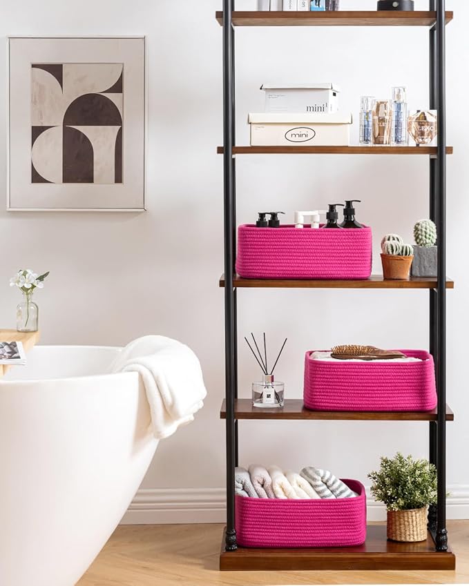 KALLAX Small Woven Basket, 13.5 x 9.5 x 5 Inches, Storage Basket for Organizing, Cute Small Rope Shelf Closet Cube Storage Bins Baskets for Shelves, Dog Toy Gift Baskets Empty, 3 Packs, Hot Pink