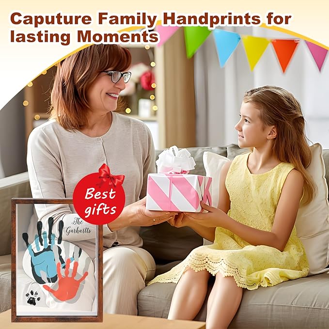 Family Handprint Kit,DIY Colorful Craft Keepsake Art Baby Newborn Hand and Footprint Wooden Frame for Home Decor New Mother Gifts Set(5 Sheets with 8 Colors) (Black)